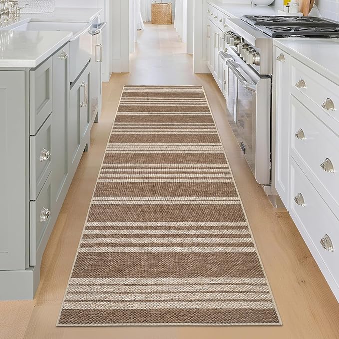 Garvee 2x6 Easy Jute Kitchen Rugs Washable Rugs for Hallway, Brown | Modern Line Print Area Rug Stain Resistant Easy Cleaning Throw Rugs Low Pile Floor Cover for Bedroom Laundry