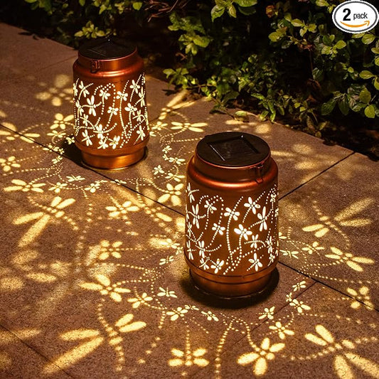 DIBIEECN 2 Pack Dragonfly Solar Lanterns Outdoor Waterproof, Garden Decor | Metal Hanging Lights, IP65 Waterproof, LED Decorative Lantern, Patio & Backyard, Birthday Gifts for Women, Mom & Grandma