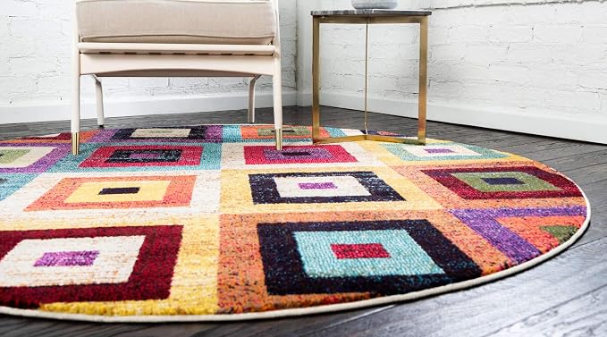 Unique Loom Estrella Collection Colorful, Geometric, Squares Modern, Abstract Area Rug (6' 0 x 6' 0 Round, Multi/Beige)