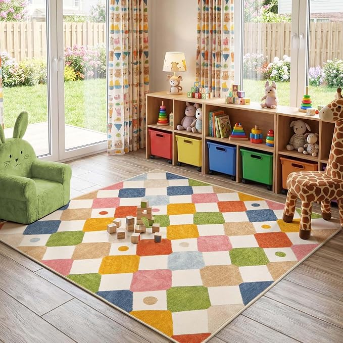 jinchan Checkered Square Rug 5x5 Washable Colorful Kids Room Play Mat | Soft, Non-Slip, Cute, Kid-Friendly, Modern Geometric Design, Cream Background, for Nursery, Playroom, Bedroom, Dorm, Daycare