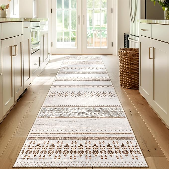 2x8 Washable Area Rugs for Living Room Boho Runner Rug Cream/Brown/Pink | Vacuum Friendly, Machine Washable, Non-Slip Rug, Stain Resistant, Moroccan Geometric, Low Pile Carpet, Hallway Kitchen
