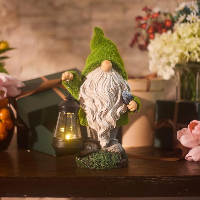 TERESA'S COLLECTIONS Garden Gnomes Outdoor, Green Resin Solar Gnome Decorations for Yard Patio Porch Outside, Gnome Gifts for Mom and Women,12"