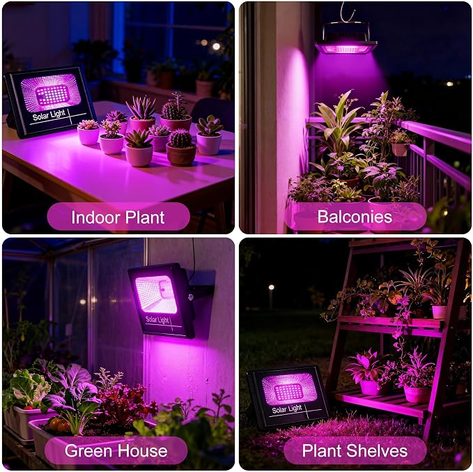 2-Pack Solar Grow Lights, Rechargeable Grow Light, Full Spectrum Plant Light for Indoor Outdoor Plants with Timer, Solar Plant Lights for Greenhouse with Remote Control and 16.4ft Cord/USB Charging