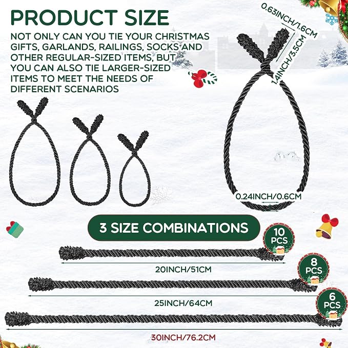 Zhengmy 24 Pcs Christmas Garland Ties Extra Long 30'' 25'' 20'' Black Decorative Twist Tie for Banister Reusable Flexible Twist Tie for Garland Stairway Railing Home Xmas Holiday Decor