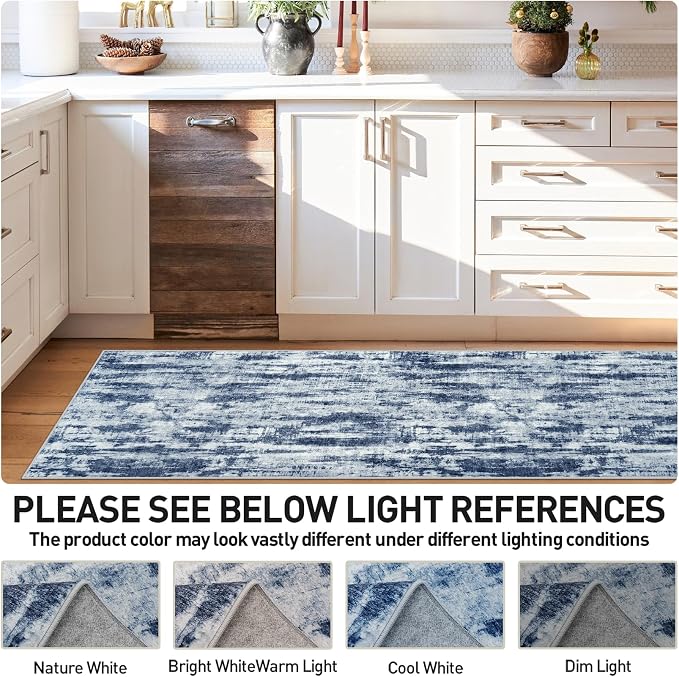 2'6''x8' Runner Rugs Washable Rug: Modern Abstract Hallway Blue Grey Carpet | Non-slip TPE backing makes this washable soft low-pile rug safe & durable, Pet-friendly decor for dining room,nursery,office