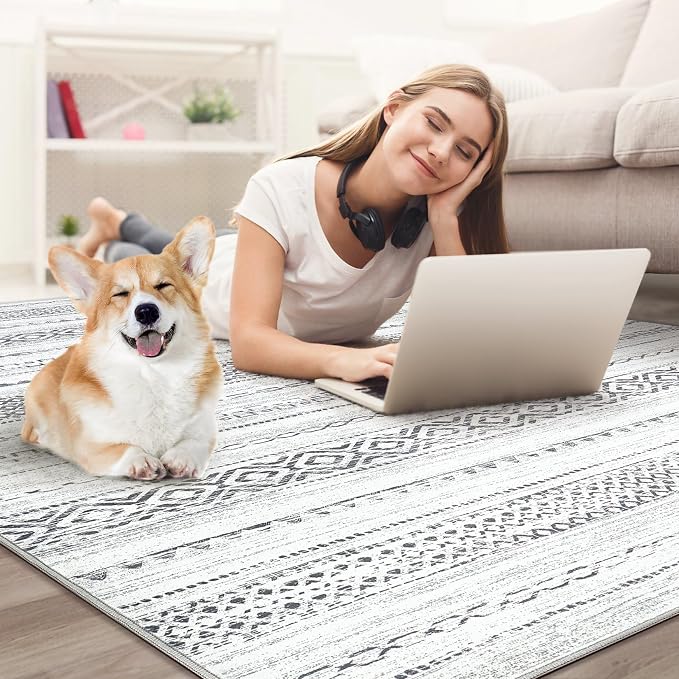 kakania Washable 10x14 Area Rug for Living Room: Boho Geometry Home Decor | Soft Stain Resistant, Low-Pile, Non-Slip, Pet & Kid Friendly, Thin Rug for Bedroom/Dining Room/Kids Dorm - Square Grey