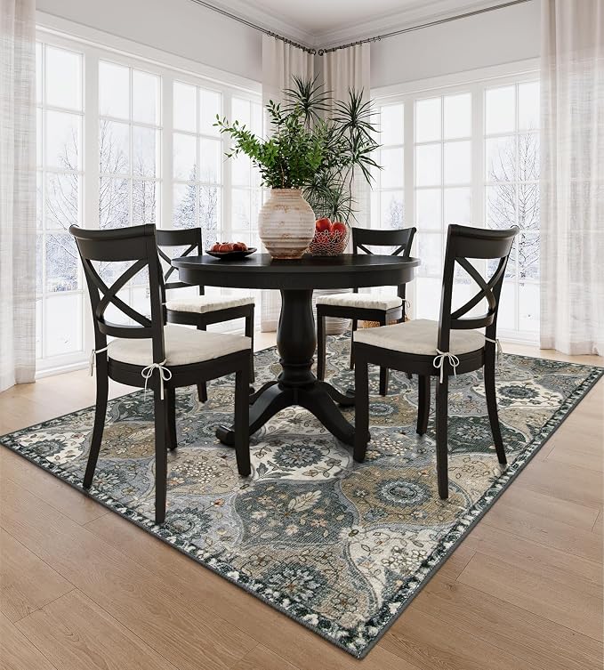Lahome Moroccan Washable Living Room Rug, 5x8 Rugs for Bedroom Dining Room | Soft Non-Slip Non Shedding Boho Distressed Throw Carpet for Nursery Office Elise, Grey