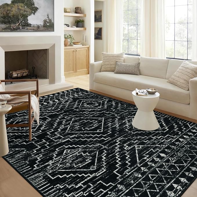 Wonnitar Moroccan 6x9 Area Rugs, Washable Black Rugs for Living Room, Large Soft Bedroom Throw Rug, Non-Slip Stain Resistant Thin Boho Floor Carpet for Dining Room Home Office Decor (Black,6'x9')