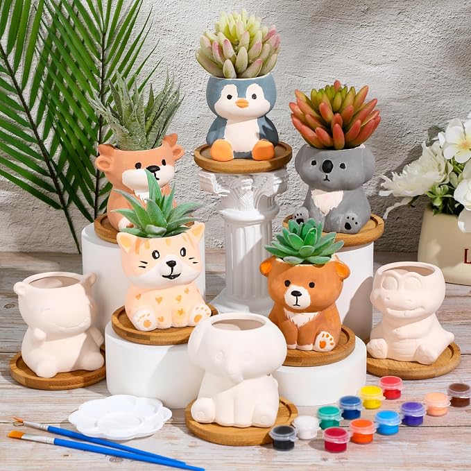 Hushee 12 Sets Ceramic Succulent Planters Paintable Succulent Plant Pots Small DIY Figurines Unpainted Pots with Drainage Hole Color Paints Paintbrushes Palettes