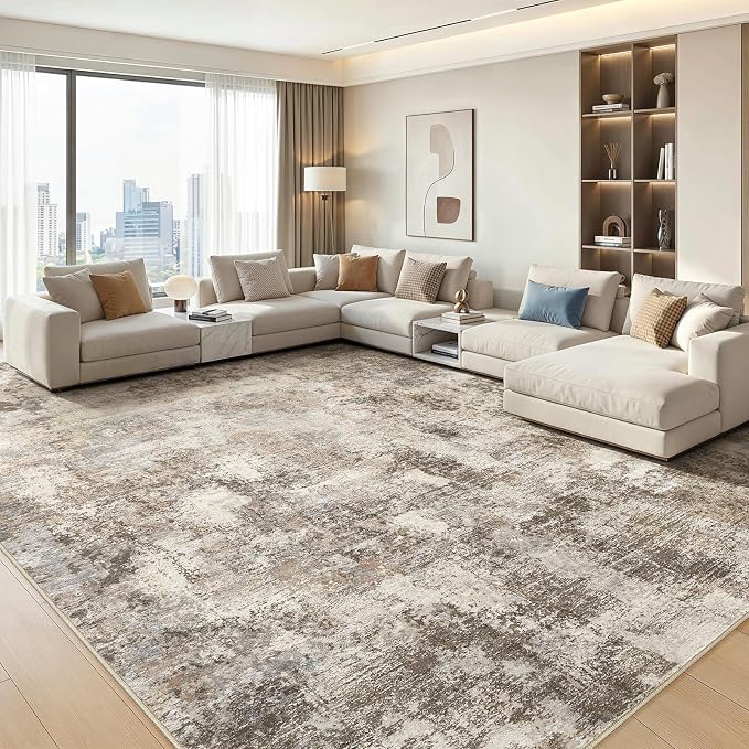 12x15 Area Rug Washable Abstract Rugs for Living Room Dark Brown | for Bedroom, Dining Room, Office, Nursery, Soft Neutral, Low Pile Non-Slip, Kid Pet Friendly, Large Indoor Carpet, Home Decor