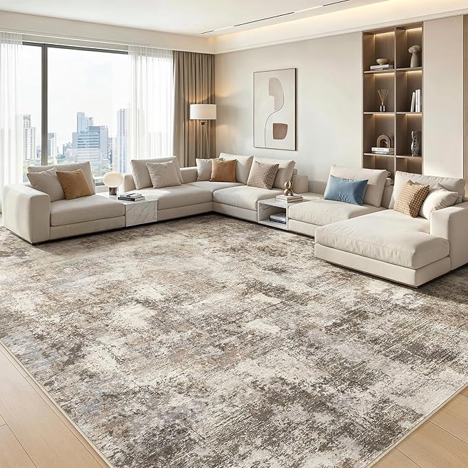 11x14 Area Rug Washable Abstract Rugs for Living Room Dark Brown | for Bedroom, Dining Room, Office, Nursery, Soft Neutral, Low Pile Non-Slip, Kid Pet Friendly, Large Indoor Carpet, Home Decor