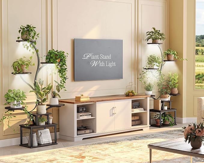 PRAISUN 51 Inch Plant Stand with Grow Lights, 8 Tiered Indoor Plant Shelf with Larger Flower Holder, Curved-tubed Design, 3 Light Modes, Corner Plant Rack for Living Room, Walnut