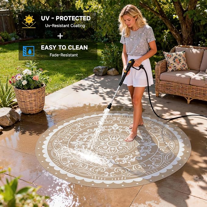 Pauwer Waterproof Outdoor Rug 6ft, Reversible Plastic Straw Patio Camping Rug, Indoor Outdoor RV Mat Carpet for Deck, Camper, Porch, Balcony, Backyard, Picnic, Paisley Brown