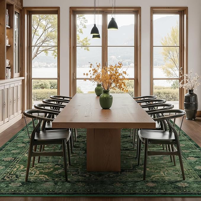 Large Vintage Area Rugs 9x12 for Living Room, Dark Green Tranditional Distressed Medallion Printed Big Carpet Rugs for Bedroom, Washable Non Slip Low Pile Thin Rugs for Dining Room