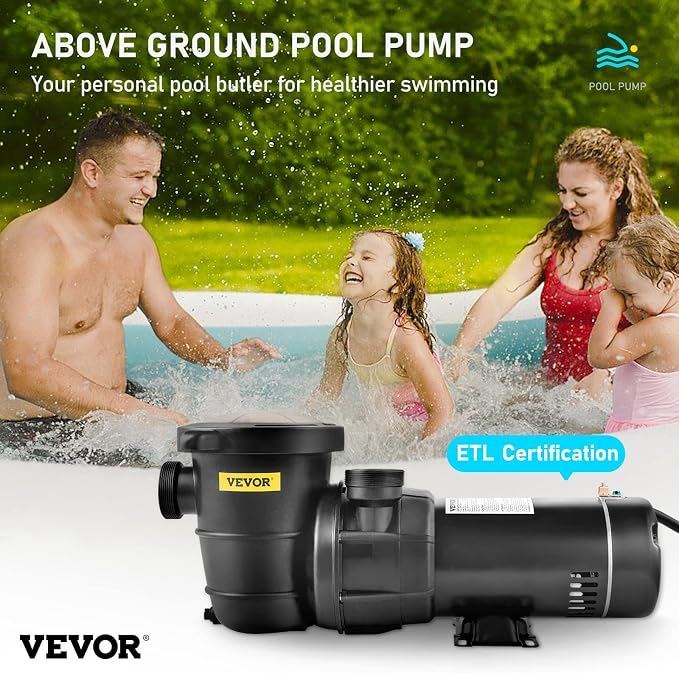 VEVOR Swimming Pool Pump 1.5 HP 5280 GPH Max Flow Single Speed Pump, 115 V | for Above Ground Pool, 43 ft Max Head Lift, Pure Copper Motor, with Strainer Basket & Lid, Certification of ETL for Security
