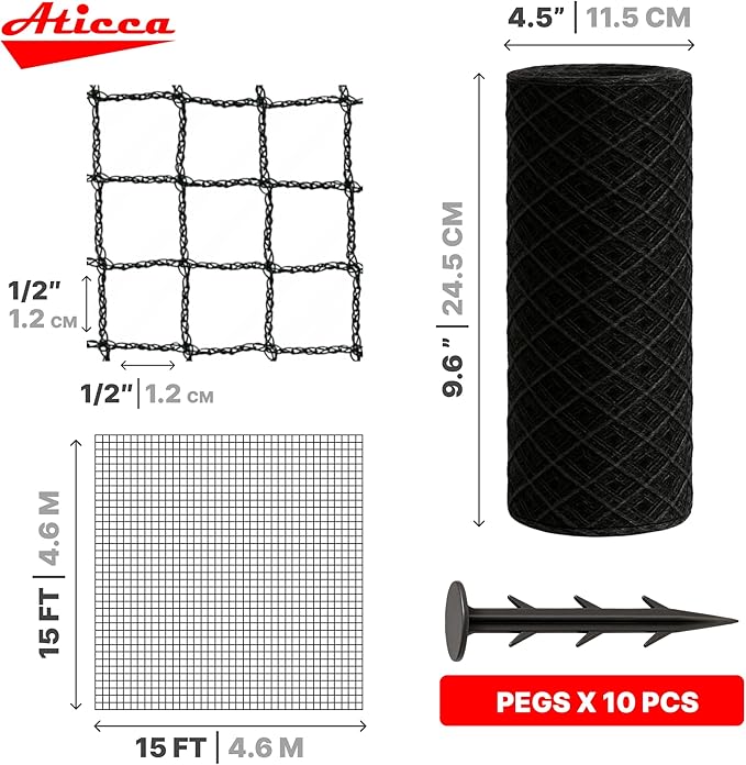 ATICCA Heavy Duty Bird Netting for Garden Protection & Fruit Trees, 15x15 Ft with 10 Stakes – Black Anti-Bird Net for Poultry, Deer, & Squirrel Protection, Durable Mesh for Garden and Yard Use