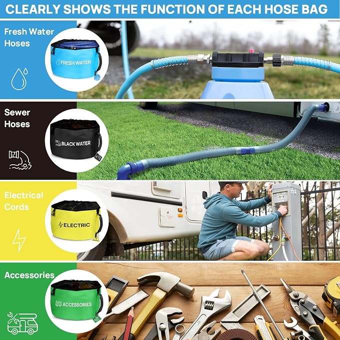 RINBOU 4 Pack RV Hose Storage Bags with Cushioned Soft Rubber Handles, Heavy Duty RV Organization and Storage for Outside Camper Accessories, ID Tags for Fresh/Sewer Hoses, Power Cords