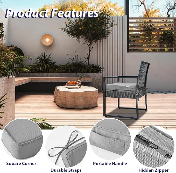 IPYNBAP Outdoor Chair Cushions Set of 4 -Waterproof Outdoor Seat Cushions for Patio Furniture, Patio Chair Cushion with Handle and Ties, Out Door Chair Pads,19x19x3-Square, Grey