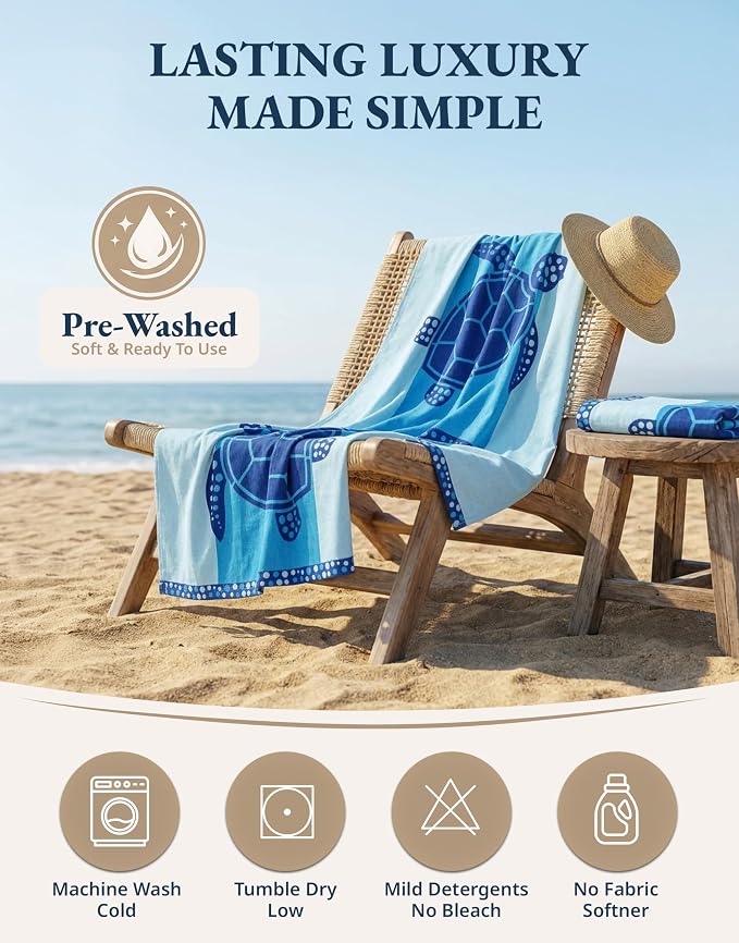 LANE LINEN Beach Towel 2 Pack, Oversized Beach Towel 39"x71", Lightweight Beach Essentials for Women, Large Pool Towel, Absorbent & Quick Dry, Sand Free Beach Towel - Turtle & Coral