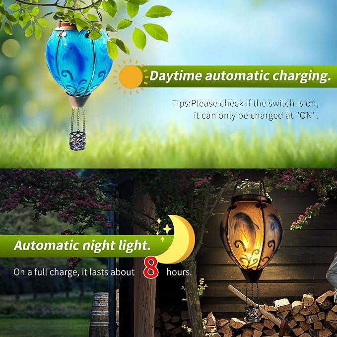 Glass Solar Hot Air Balloon Lantern with Flame Hanging Garden Flickering Light Outdoor Waterproof for Yard Patio Tree Mother's Day Gift, Dolphin