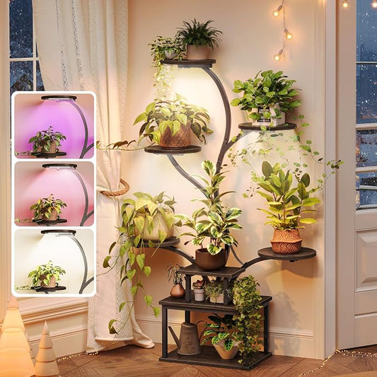 PRAISUN 51 Inch Plant Stand with Grow Lights, 8 Tiered Indoor Plant Shelf with Larger Flower Holder, Curved-tubed Design, 3 Light Modes, Corner Plant Rack for Living Room, Walnut