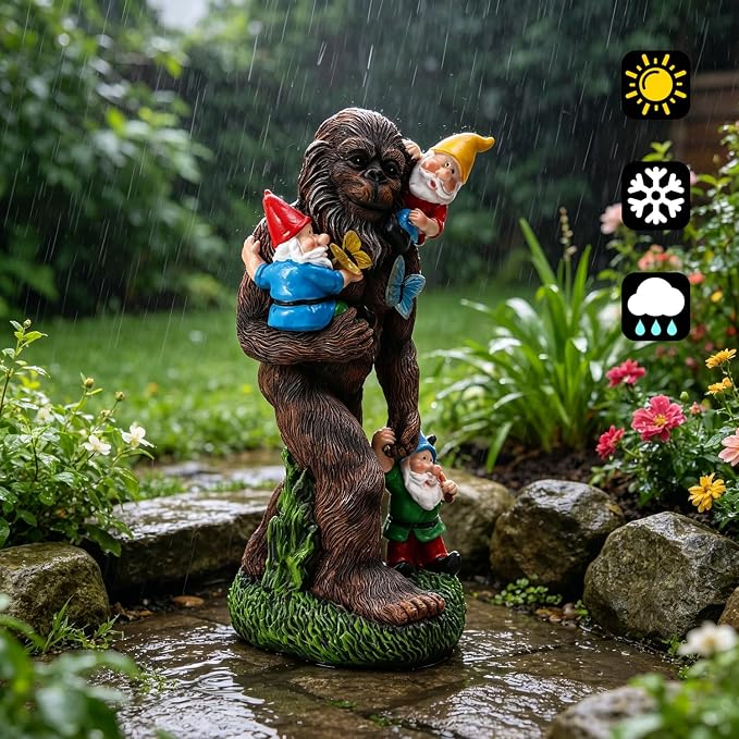 13Inch Gorilla Statue Bigfoot Holding Dwarf Sculpture with Butterfly Garden Accessories Decorative Gifts for Father's Day Bigfoot and Gnomes for Fairy Garden