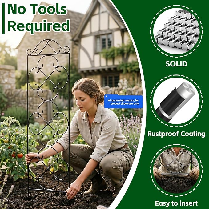 Thealyn Garden Trellis for Climbing Plants, 4 Pack 48" x 12.5" Metal Trellis for Potted Plants, Rust-Resistant Plant Support for Indoor Outdoor Use, for Ivy Clematis Vines Flowers, Black