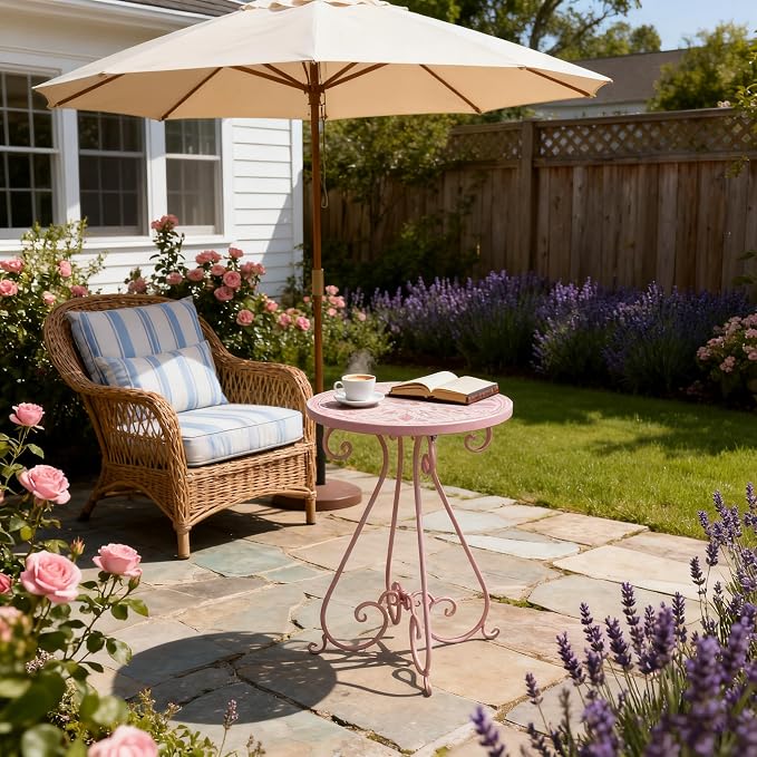 Outdoor Side Table & Mosaic Ceramic Plant Stand, 14" Metal Round End Table for Garden Home Patio Yard Porch Patio Decor Weather Resistant Outside Accent End Furniture (Flower#2)