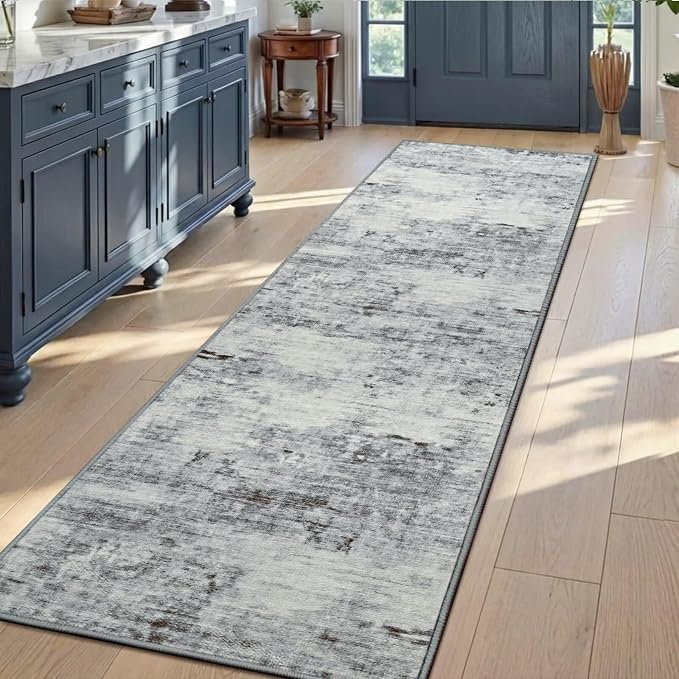 Toneed Washable 2x8 Non-Slip Runner Rug for Hallway Kitchen, Grey | Abstract Soft Modern Low Pile Area Rugs for Bedroom Laundry Living room,Indoor Carpet for Bedside Home Decor