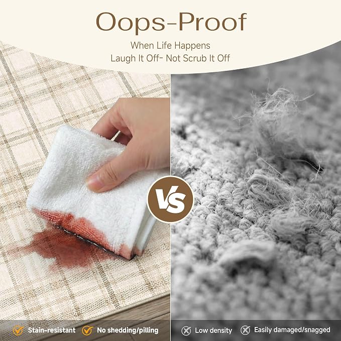 10x12 Beige Plaid Living Room Area Rug | Low Pile, Modern, Neutral, Soft, Non Slip, Large Rug for Bedroom Dining Room Nursery Office Indoor Home Decor