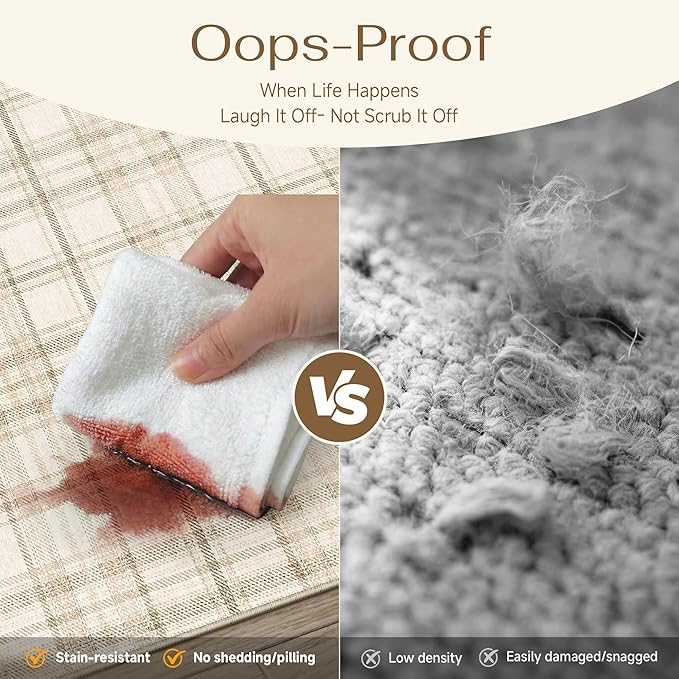 7x9 Beige Plaid Living Room Area Rug | Washable, Low Pile, Modern, Neutral, Soft, Non Slip, Rug for Bedroom Dining Room Nursery Office Indoor Home Decor