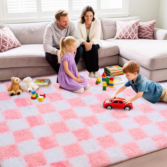 Checkered Rug 9x12 for Living Room, Ultra Fluffy Fuzzy Shag Large Area Rug for Bedroom, Modern Plush Soft Upgrade Non-Slip Carpet for Kids and Girls Room Dorm Home Decor, Pink and White