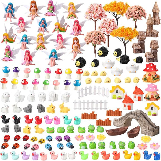 Seenelling 150 Pcs Fairy Garden Accessories Miniatures Figures Kit Micro Landscape Resin Mushroom Animals Fake Pond Lawn Bridge Garden Decoration