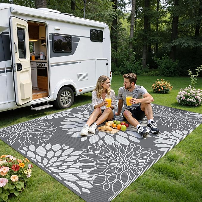 Ileading Waterproof Outdoor Rug 6x9, Reversible Plastic Straw Patio Rug, Portable Indoor Outdoor RV Camping Mat Carpet for Deck, Porch, Balcony, Backyard, Picnic, Floral Grey