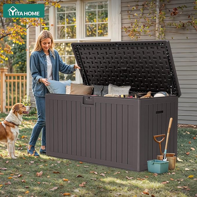 YITAHOME 220 Gallon Double-Wall Deck Box with Divider & Side Handles, Outdoor Large Storage for Patio Furniture Cushions, Garden Pool Accessories, Water Resistant & Lockable