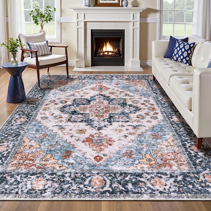 SERISSA 6x9 Washable Non Slip Boho Area Rug for Living Room，Blue Orange | Ultra Soft Vintage Oriental Carpet Low-Pile Distressed Tribal Throw Carpet for Dining Room Bedroom Dorm Office Home Decor