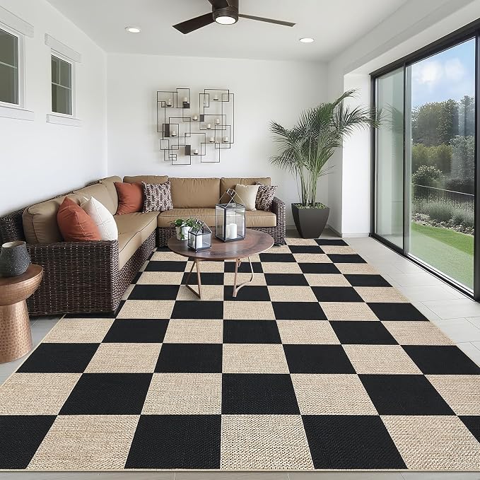 Garvee 9x12 Washable Rugs for Living Room Easy Jute Modern Rug, Black/Beige | Modern Checkered Rug for Bedroom Stain Resistant Easy Cleaning Non Slip Floor Cover for Bedroom Dining Room Office Nursery