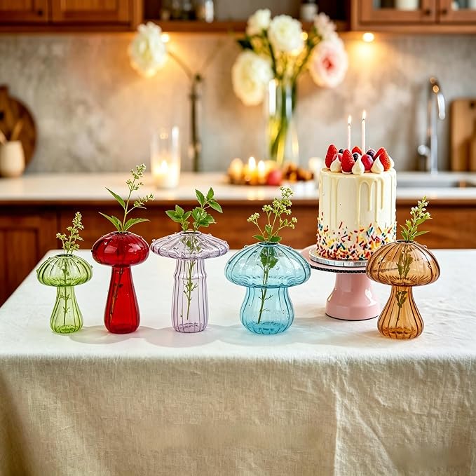 Mushroom Glass Propagation Station for Plants: Set of 5 Colored Vases Terrarium Kit for Home Office Indoor Hydroponics Decor - Birthday Gifts for Women Mom Grandma