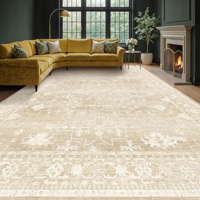 Farmhouse 9x12 Beige Large Area Rugs for Living Room, Neutral Creamy Sandy Gold Washable Rug for Bedroom Under Bed with Distressed Geometric Design, Soft Stain Resistant Low Pile Non-Slip