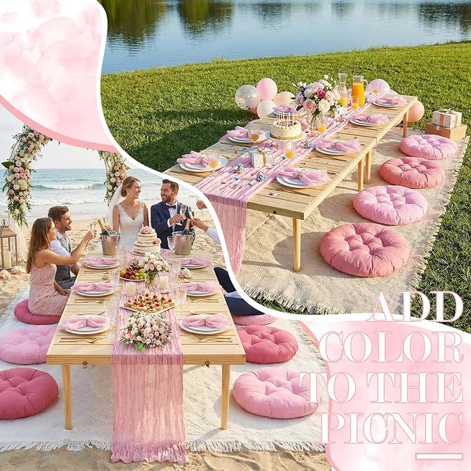 Beeveer 118" x 71" Extra Large Outdoor Picnic Blanket with Pink Table Runner 8 Napkins and 8 Pink Floor Pillows Cushions for Picnic Party Camping Wedding Bachelorette Birthday Baby Shower Decor