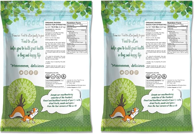 Food to Live - Organic Radish Seeds for Sprouting, 25 Pounds Non-GMO, Edible Seeds, Pure, Vegan, Kosher, Bulk. Spicy Flavor. Rich in Vitamin C. High Germitation Rate.