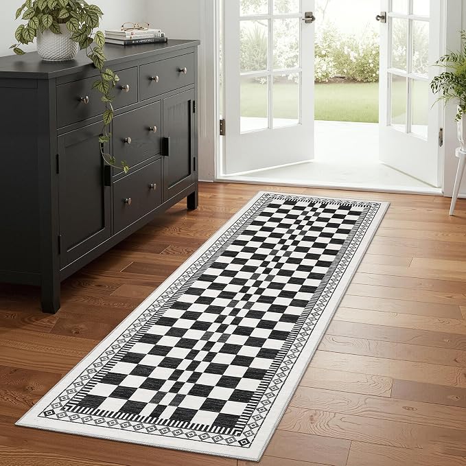 GarveeHome Kitchen Runner Rug 2x6, Modern Black and White Checkered Rug | Washable Non-Slip Carpets for Kids Room, Contemporary Abstract Low Pile Nursery Rug for Bedside Laundry Classroom Bathroom