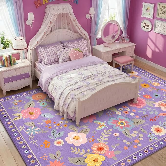 RELEANY Floral Washable 9x12 Area Rugs Purple/Pink | Flower Carpet, Print, Boho, Non-Slip, Easy to Clean, Soft, Low Pile for Living Room Bedroom Kitchen Office Entryway Hallway