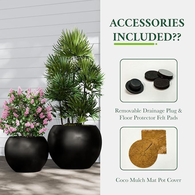DTY Premium Mt Sherman Fiberstone Sphere Planter for Indoor Outdoor Use, Round Pot for Olive Tree, Lightweight, Smooth Finishes. 2 Extra Coco Mats. Black, Large 21.1'' D x 16.7'' H. 14.6” Pot Opening