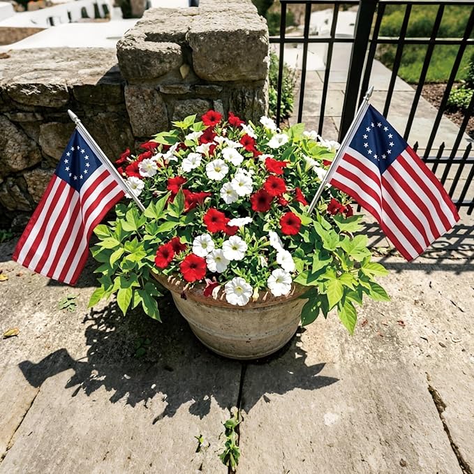 Betsy Ross Flags on Stick 6-Pack, 12x18 Inch 13 Star American Handheld Flag with Stainless Steel Telescopic Pole, Small USA Flags for 250th Anniversary July 4th Parade Patriotic Decorations