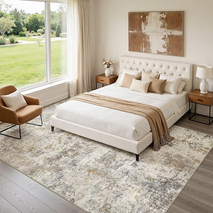 kakania Washable 10x14 Area Rug for Living Room: Abstract Modern Home Decor | Soft Stain Resistant, Low-Pile, Non-Slip, Pet & Kid Friendly, Thin Rug for Bedroom/Dining Room/Kids Dorm - Brown Gold