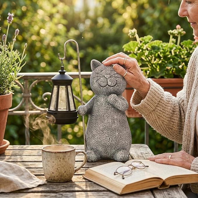 Qeeman Solar Cat for Garden Decor: Weatherproof Resin Statues | Warm Glow Lantern Outdoor Decoractions for Yard Pathway Patio Porch Balcony Front, Gifts for Mom Grandma Lovers