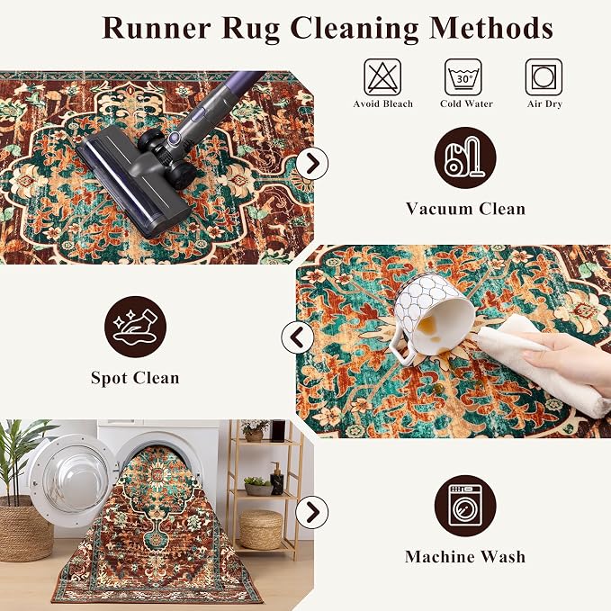 U'Artlines 2' x 7' Boho Hallway Runner Rug, Washable Carpet, Rust＆Teal | Non Slip, Vintage Farmhouse Accent Area Rug Carpet, for Kitchen Entryway Laundry and Living Room