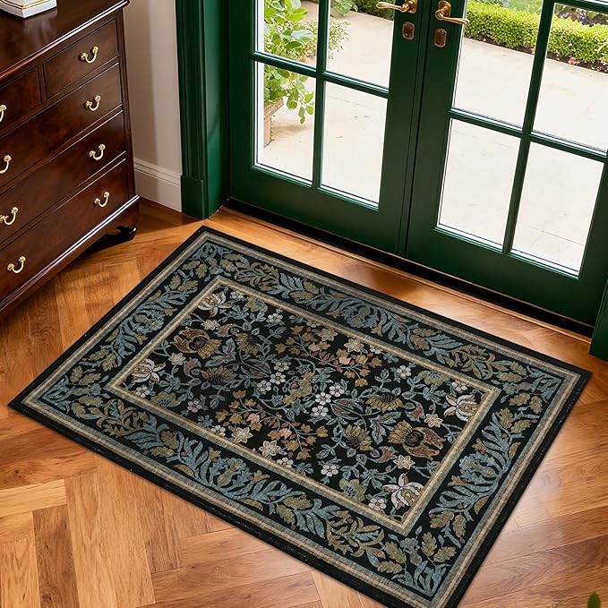GarveeHome Small Area Rugs 2x3 Non Slip Washable Entryway Rug, Blue Black | Boho Vintage Front Door Mat Soft Low-Pile Stain Resistant Indoor Throw Carpet for Kitchen Bathroom Bedroom Decor