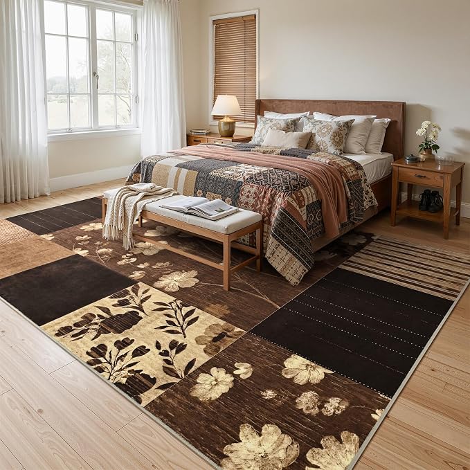 DweIke Floral Rugs for Living Room, 5x7 Washable Area Rug for Dining Room Farmhouse Office Bedroom Decor, Geometric Patchwork Stain Resistant Low Pile Indoor Floor Throw Rugs, Dark Brown